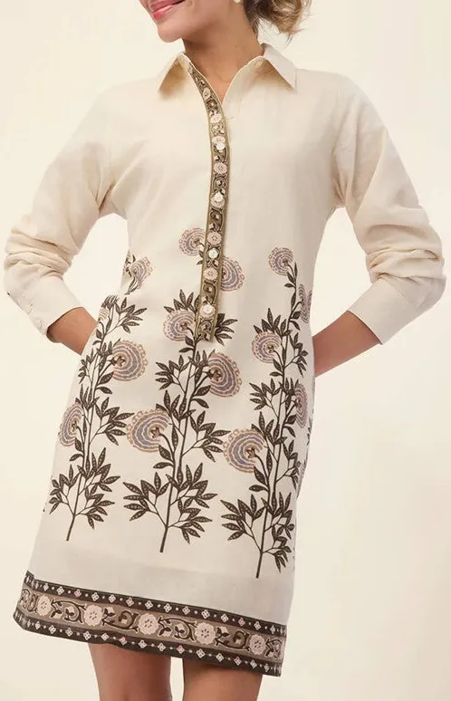 Beige Floral Embroidered Tunic Dress
