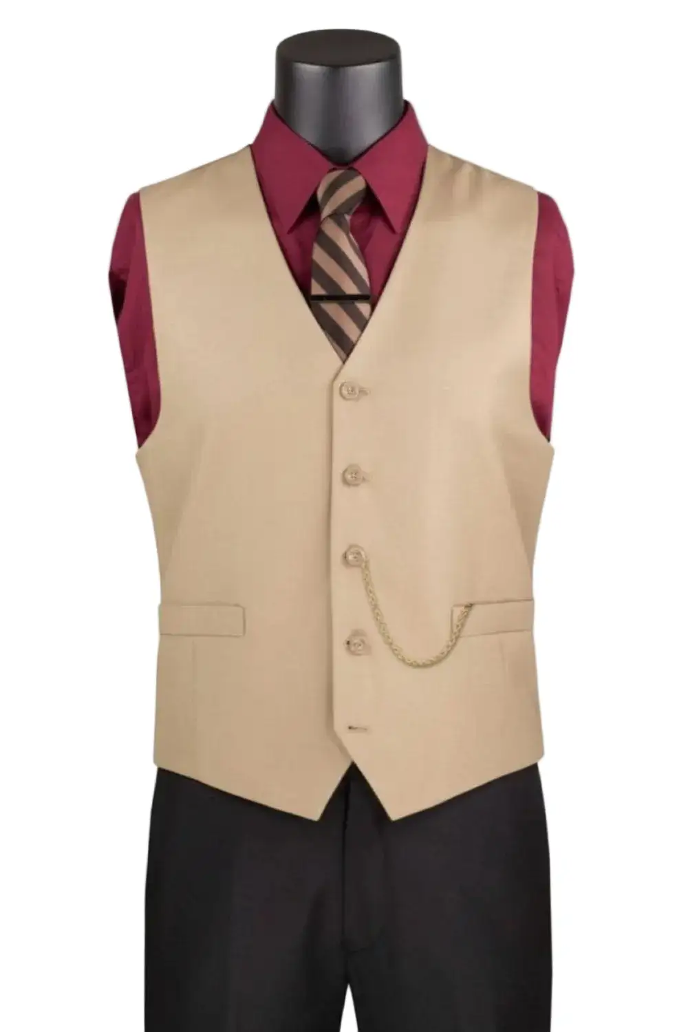 Khaki Slim Fit Textured Solid Single Breasted Five Button Dress Vest