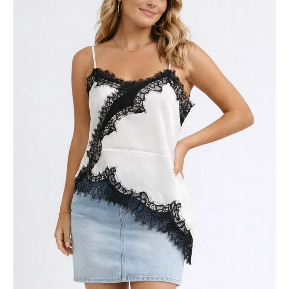 Satin Lace Trim V Neck Irregular Hem Cami Top