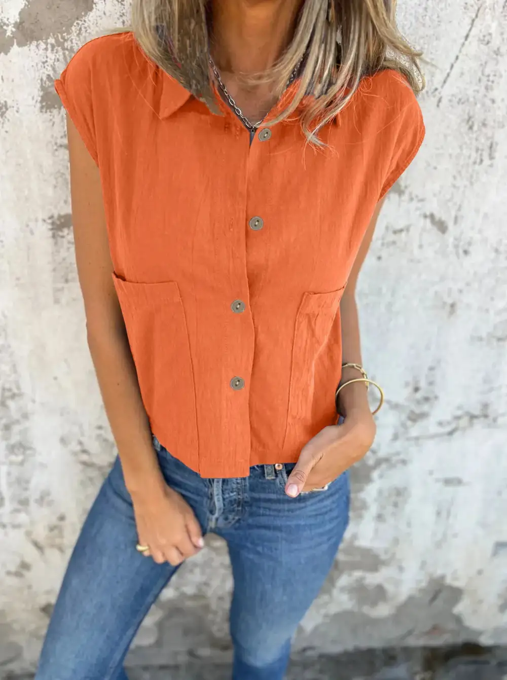 Plus Size Button Down Cap Sleeve Linen Shirt