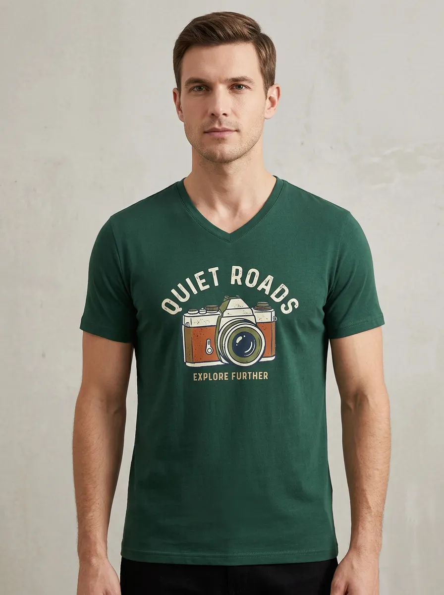 Men's Photography Lover Quiet Roads Camera Printed V-neck T-shirt