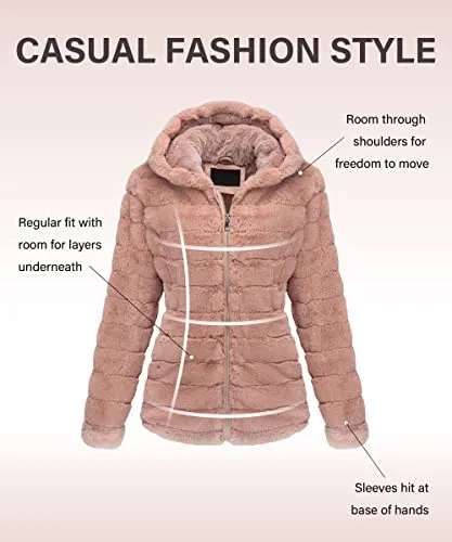 Women's Faux Fur Coat Shearling Fluffy Fuzzy Shaggy Hood Sherpa-Lined Fleece Jacket