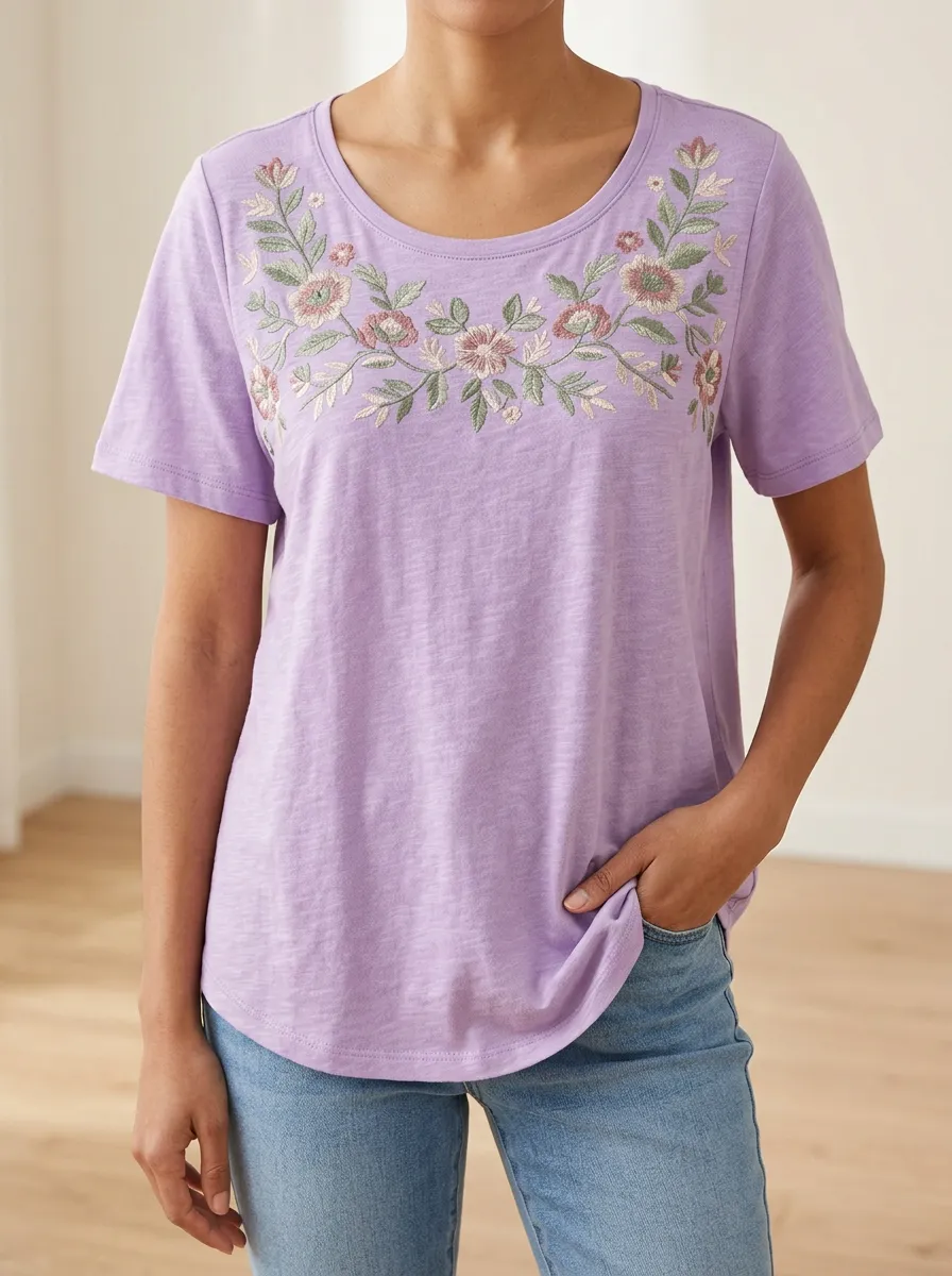 Women's Short Sleeve Tee with Floral Print Embroidered Detail Detail