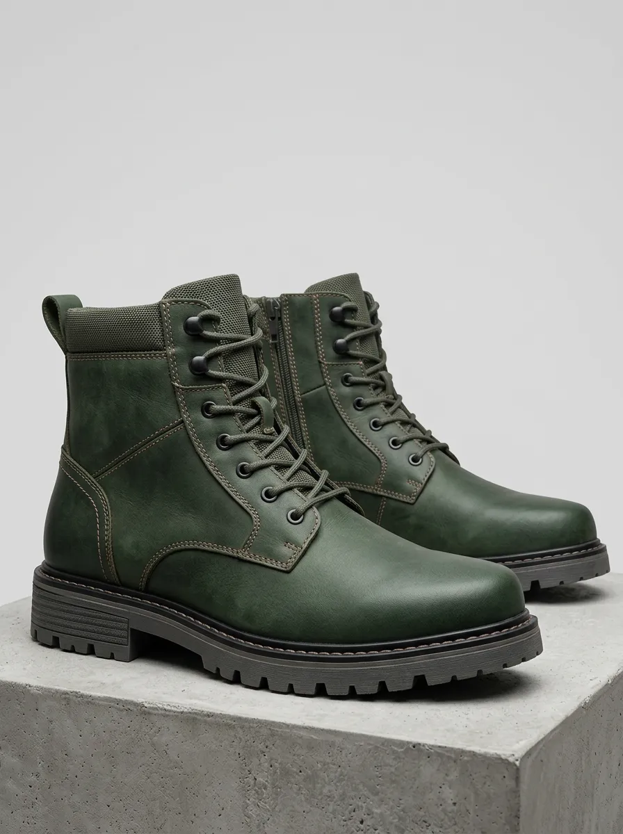 Men's Printed Detail Olive Green Lace Up Combat Boots