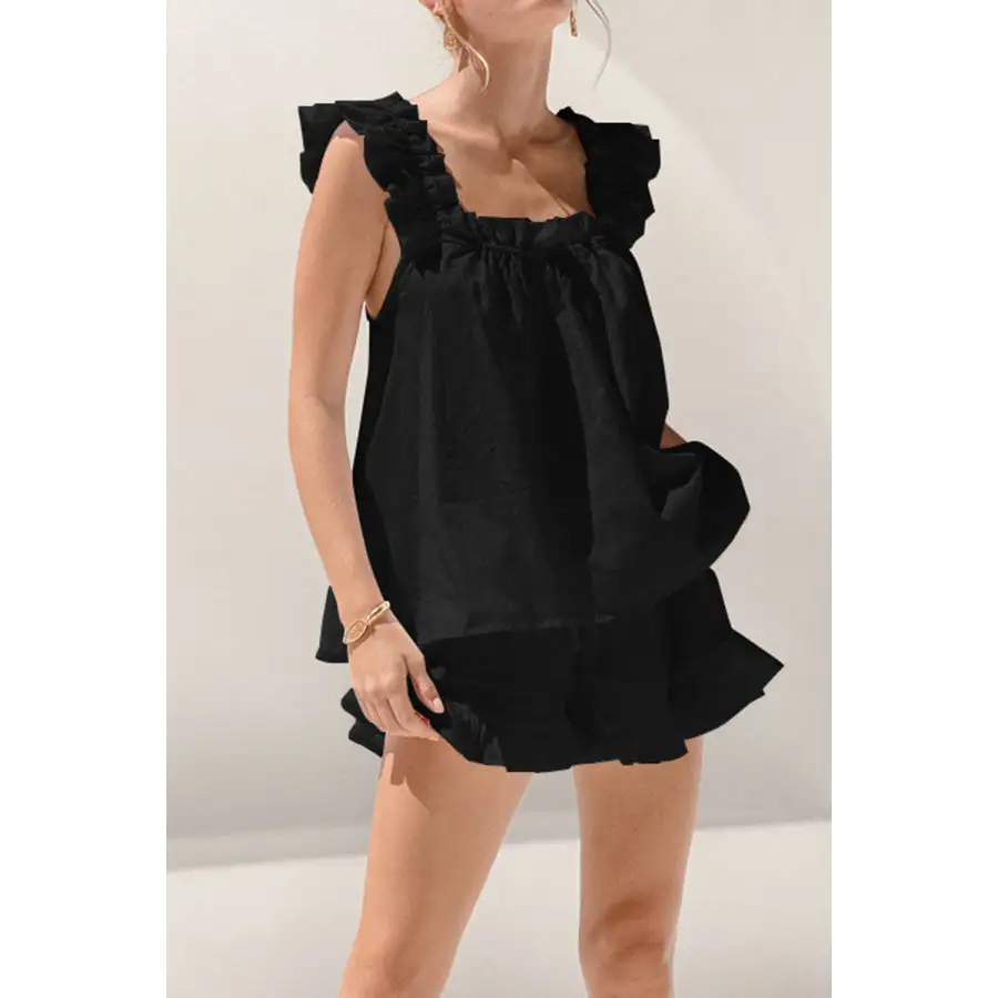 Ruffled Square Neck Top and Shorts Set