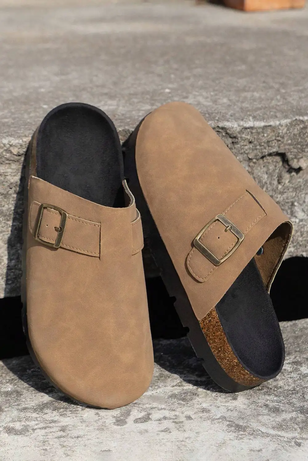 Light French Suede Buckle Detail Slide Slippers