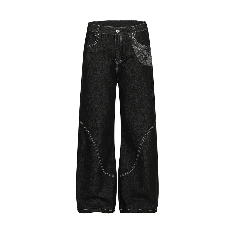 High-Street Embroidered Straight Denim Jeans