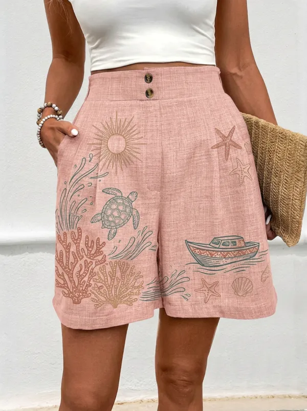 Women's Coastal Sea Turtle Coral Boat Graphic Shorts