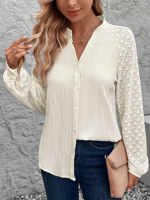 V-Neck Stand-Collar Long-Sleeve Pocketed Casual Shirt