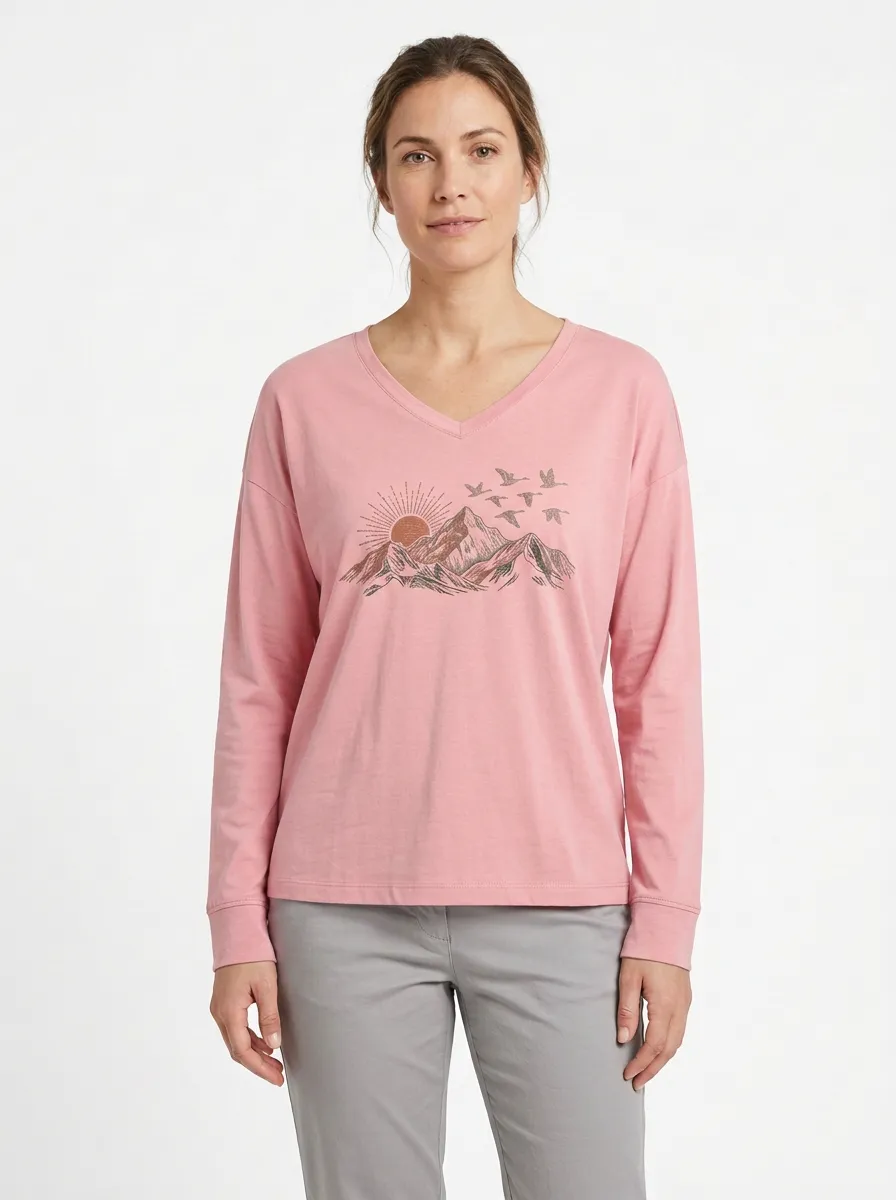 Women's Mountain Sunset Graphic V-Neck Long-Sleeve T-Shirt