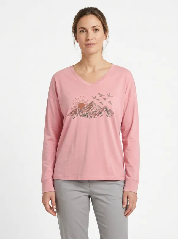 Women's Mountain Sunset Graphic V-Neck Long-Sleeve T-Shirt