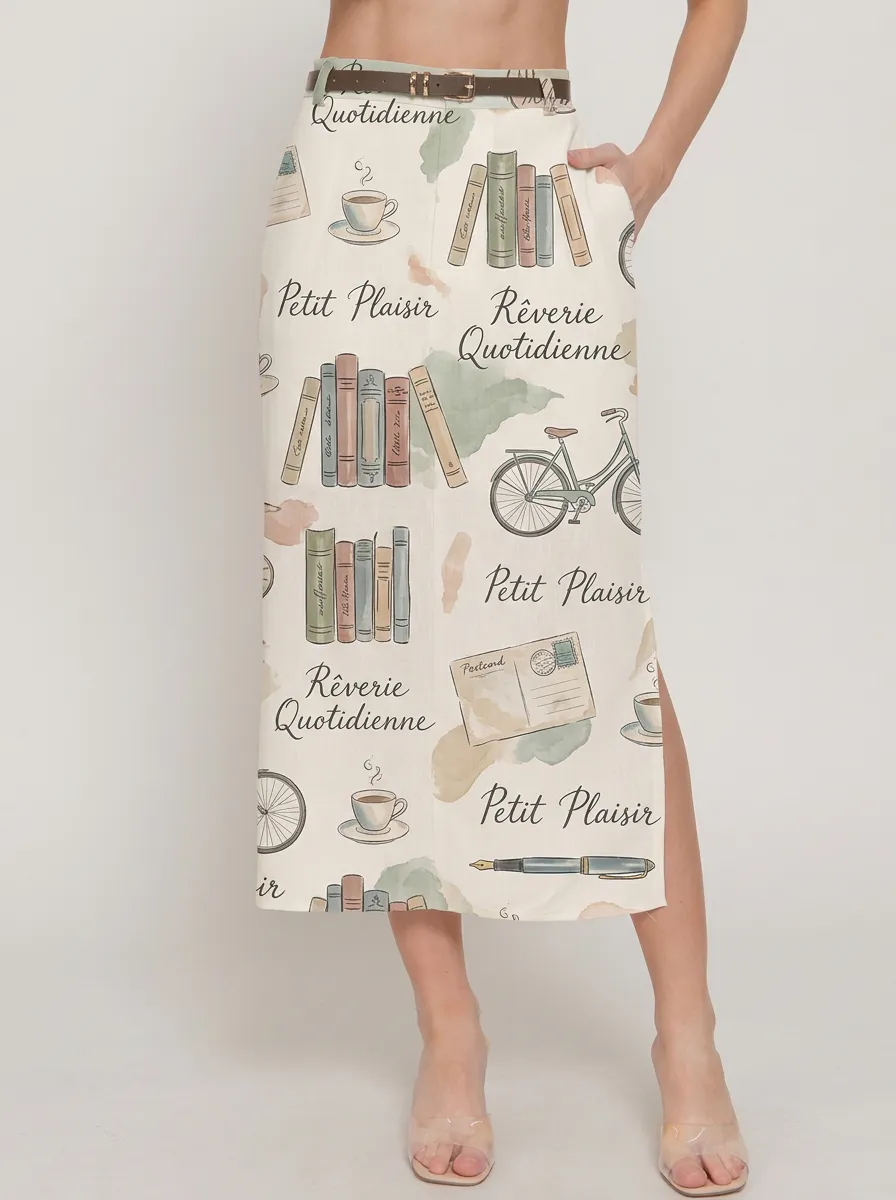Women's Book Lover Vintage Aesthetic Books Bicycle Printed Midi Skirt