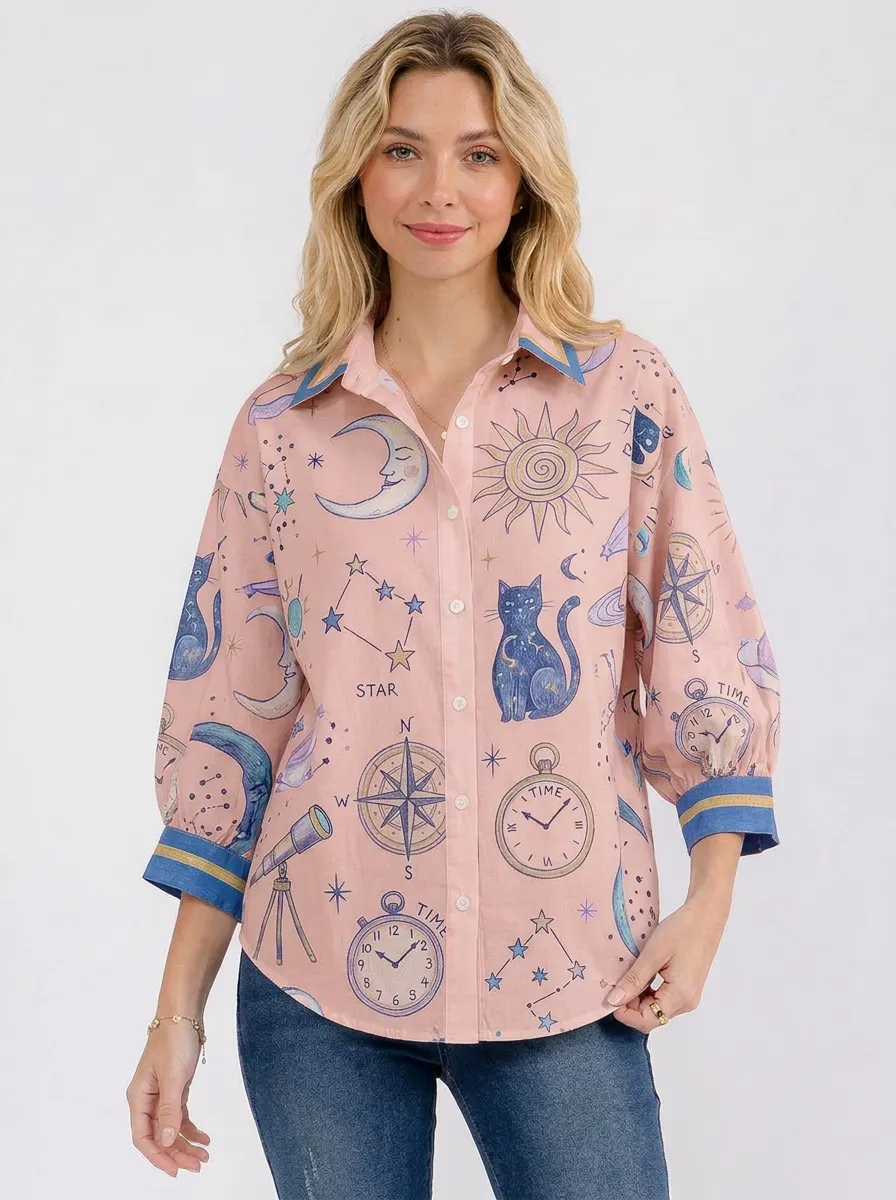 Women's Celestial Cat Sun Moon Graphic Button-Down Shirt