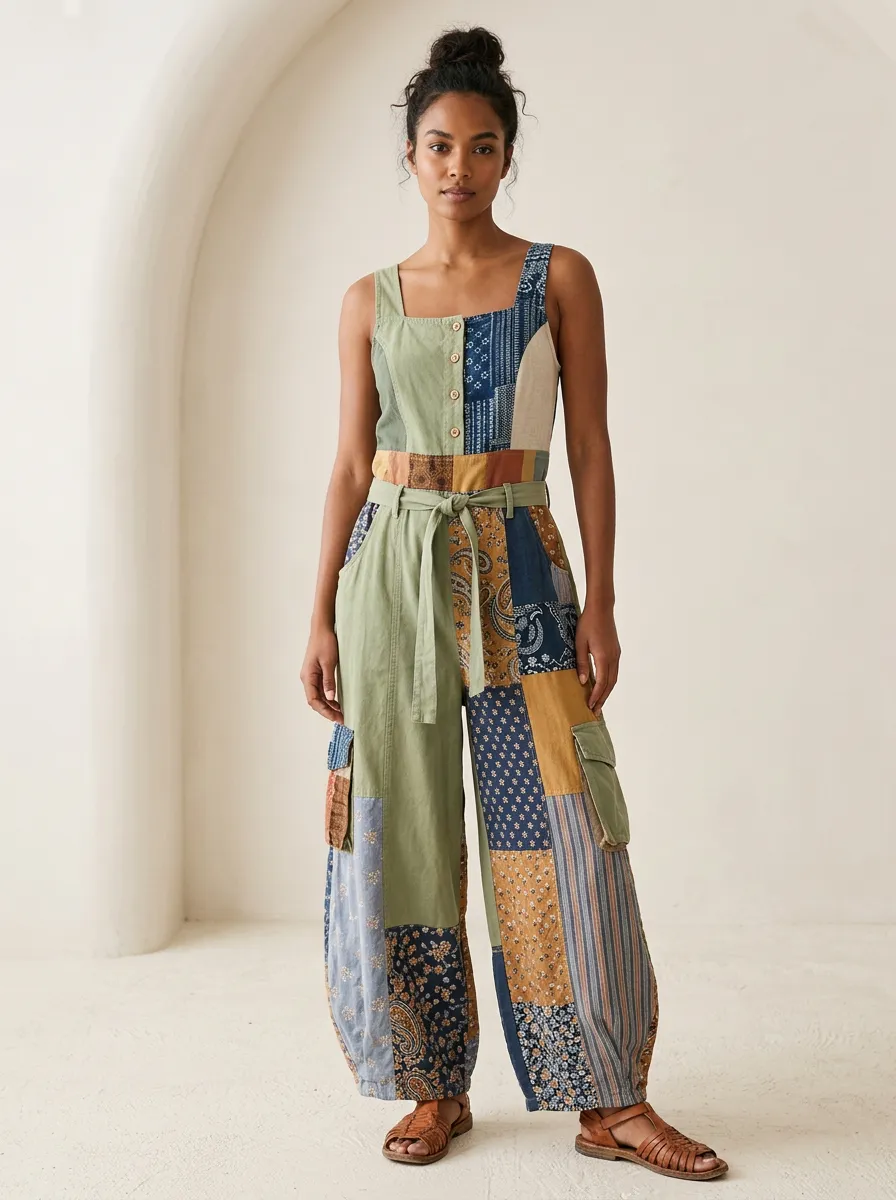Women's Boho Style Patchwork Paisley Printed Jumpsuit