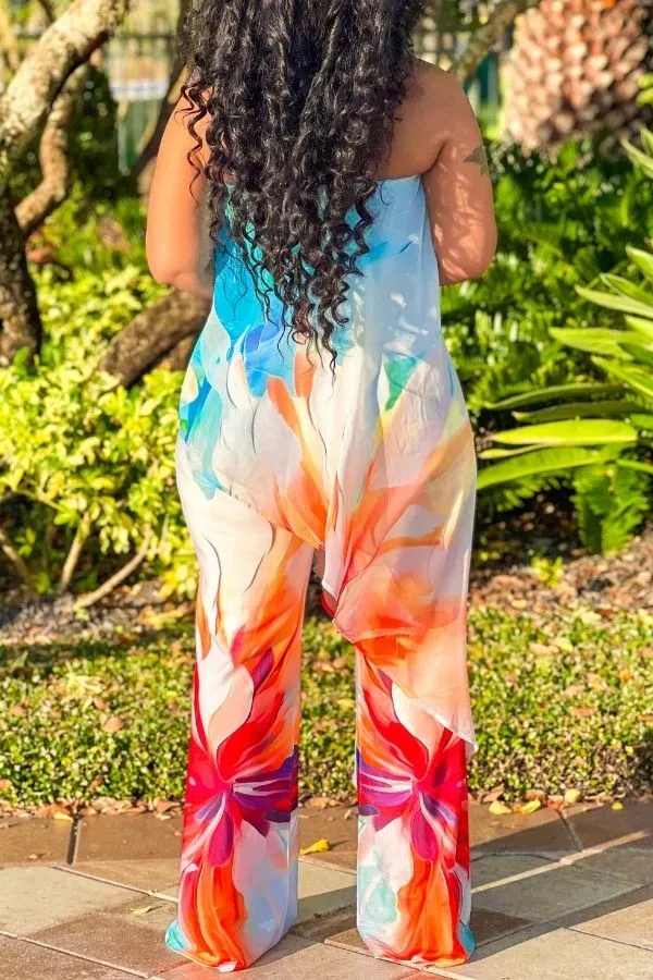 Floral Print Strapless Layered Asymmetrical Jumpsuit
