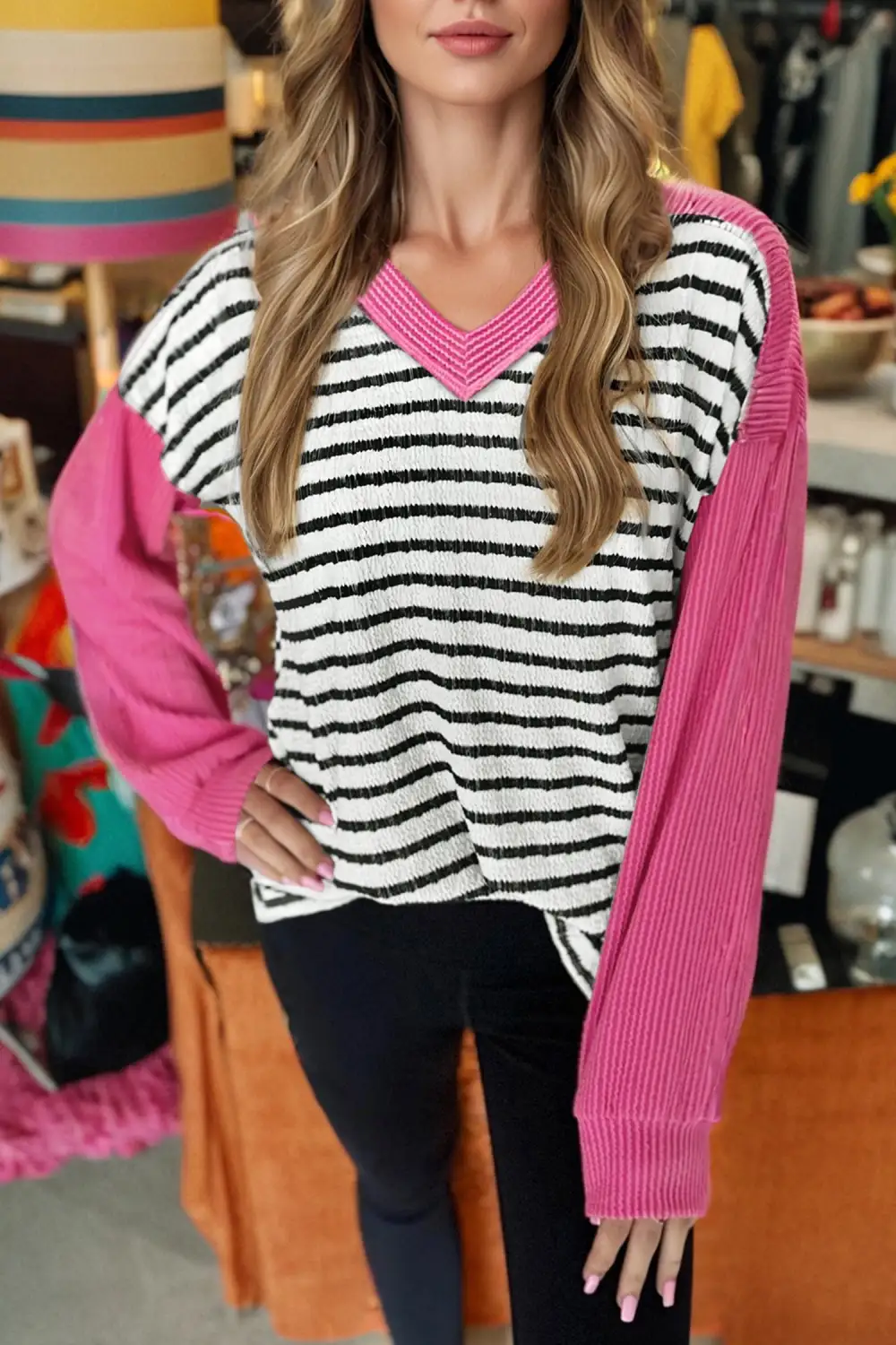 Women's Striped Ribbed Textured Knit Top