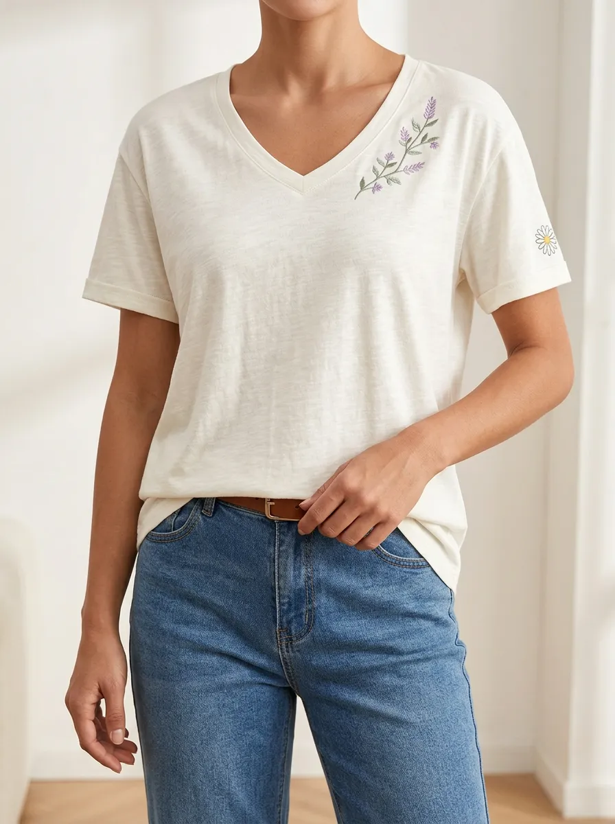 Casual Style V Neck Floral Print Women's Short Sleeve Tee
