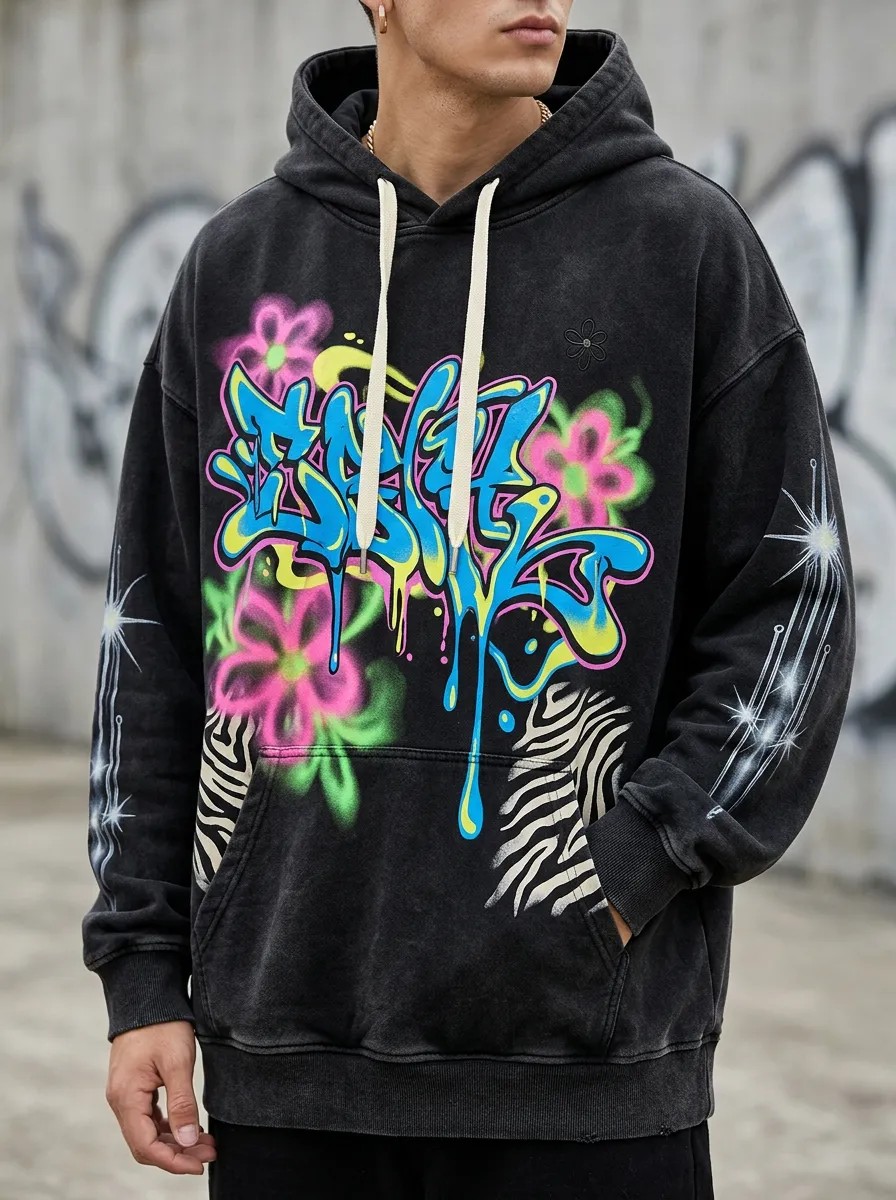 Unisex Drift Graffiti Floral Zebra Graphic Hoodie