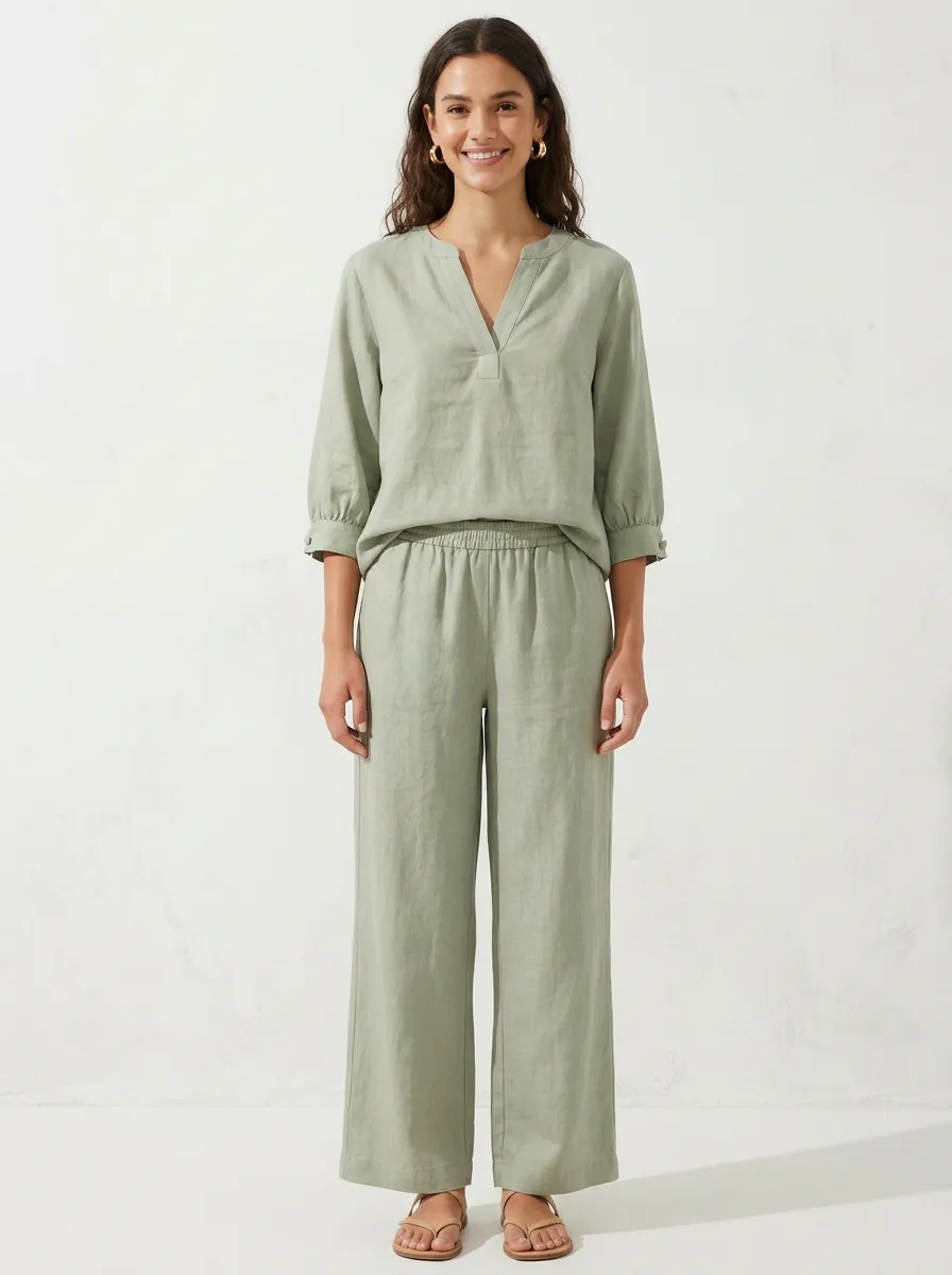 Short-Sleeve Three-Quarter-Sleeve Linen-Blend Women's V-Neck Shirt