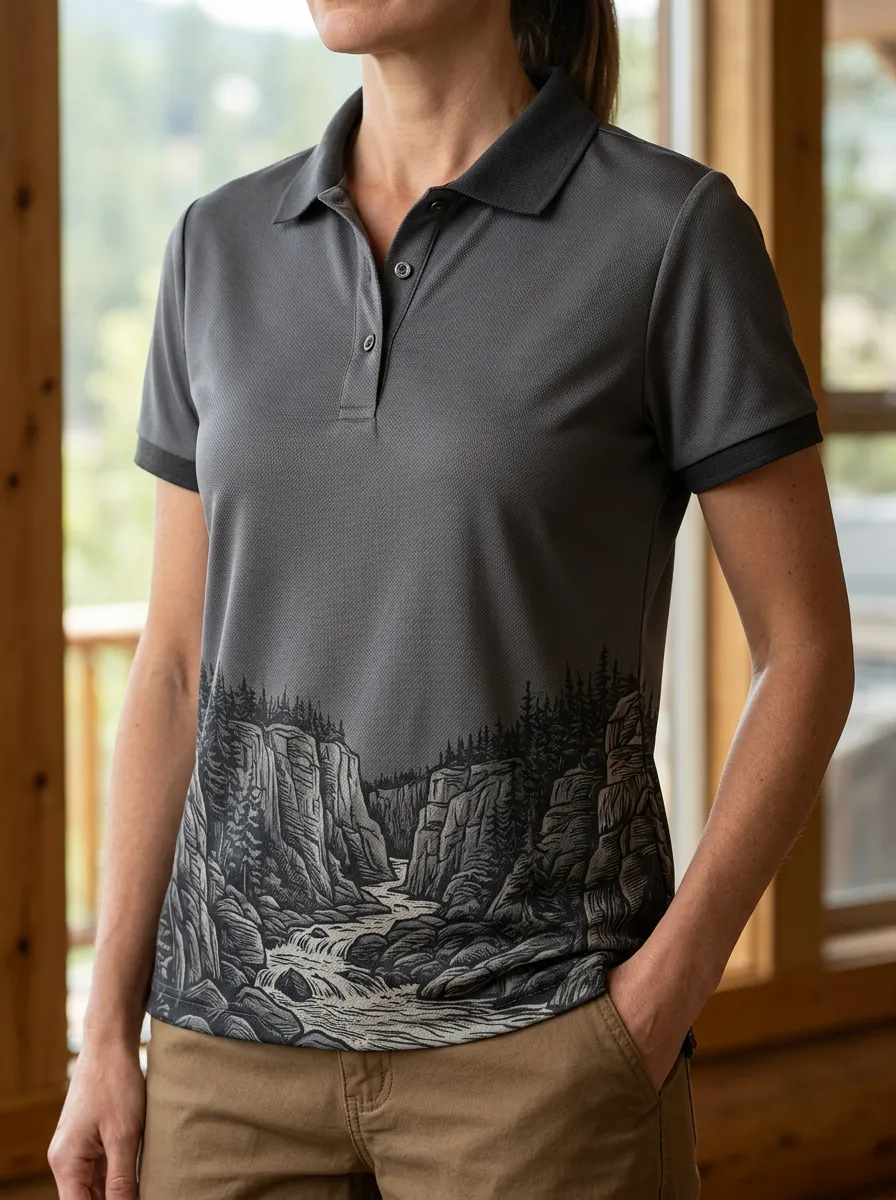 Women's Nature Lover Mountain River Printed Polo Shirt