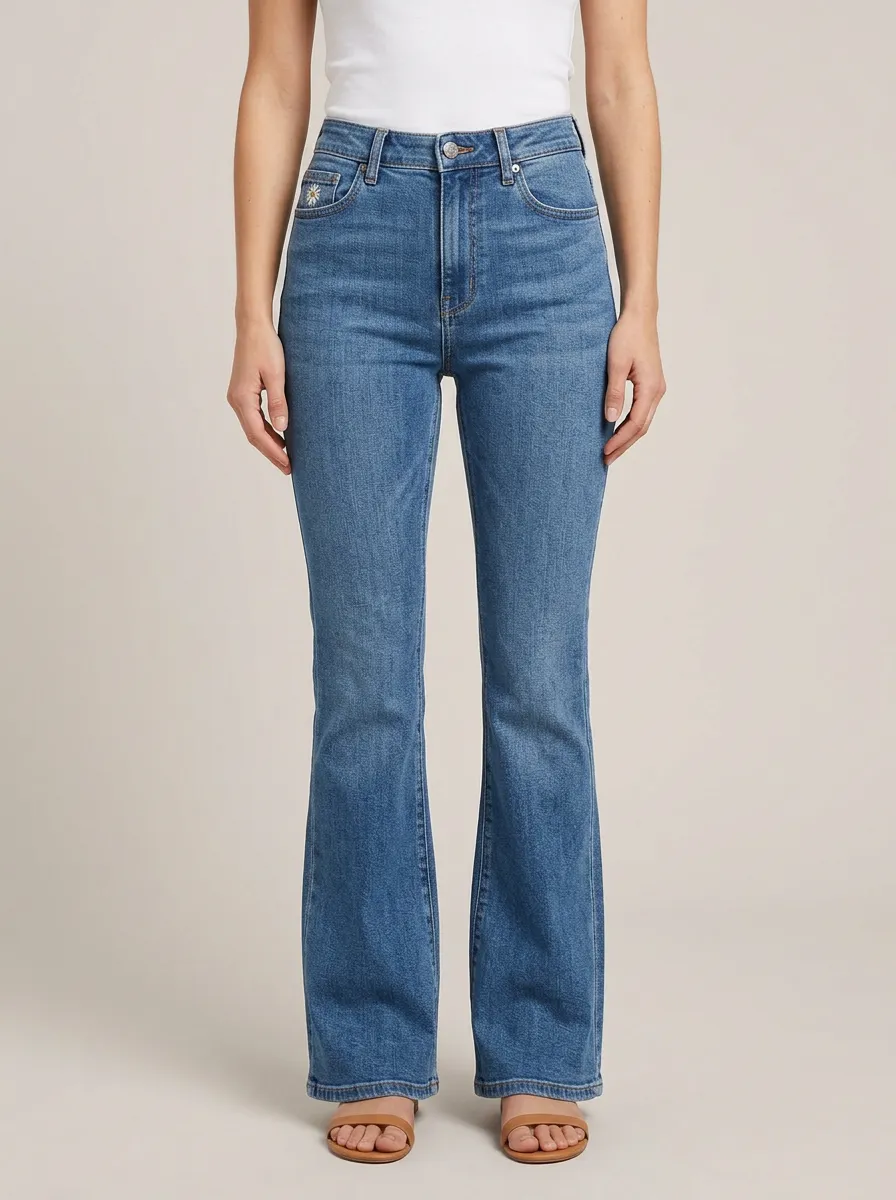 Women's Floral Coin-Pocket Embroidered Clean-Hem High-Rise Flare Jeans