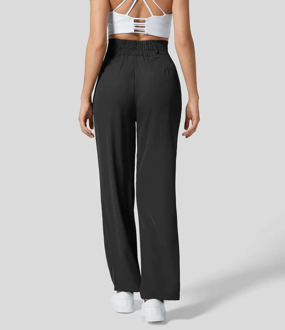 High Waisted Button Zipper Plicated Side Pocket Shirred Straight Leg Work Pants