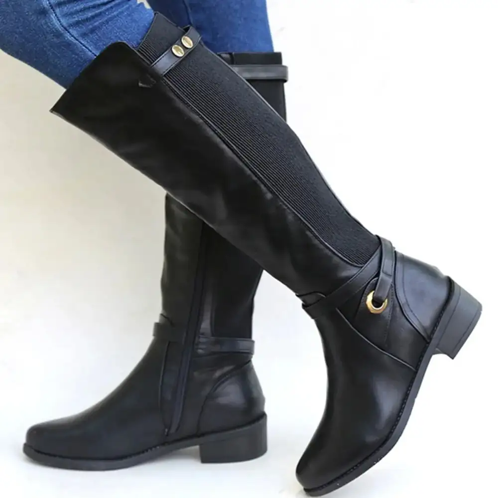 Leather Riding Knee Tall Boots Comfortable Flat Boots Side Zip