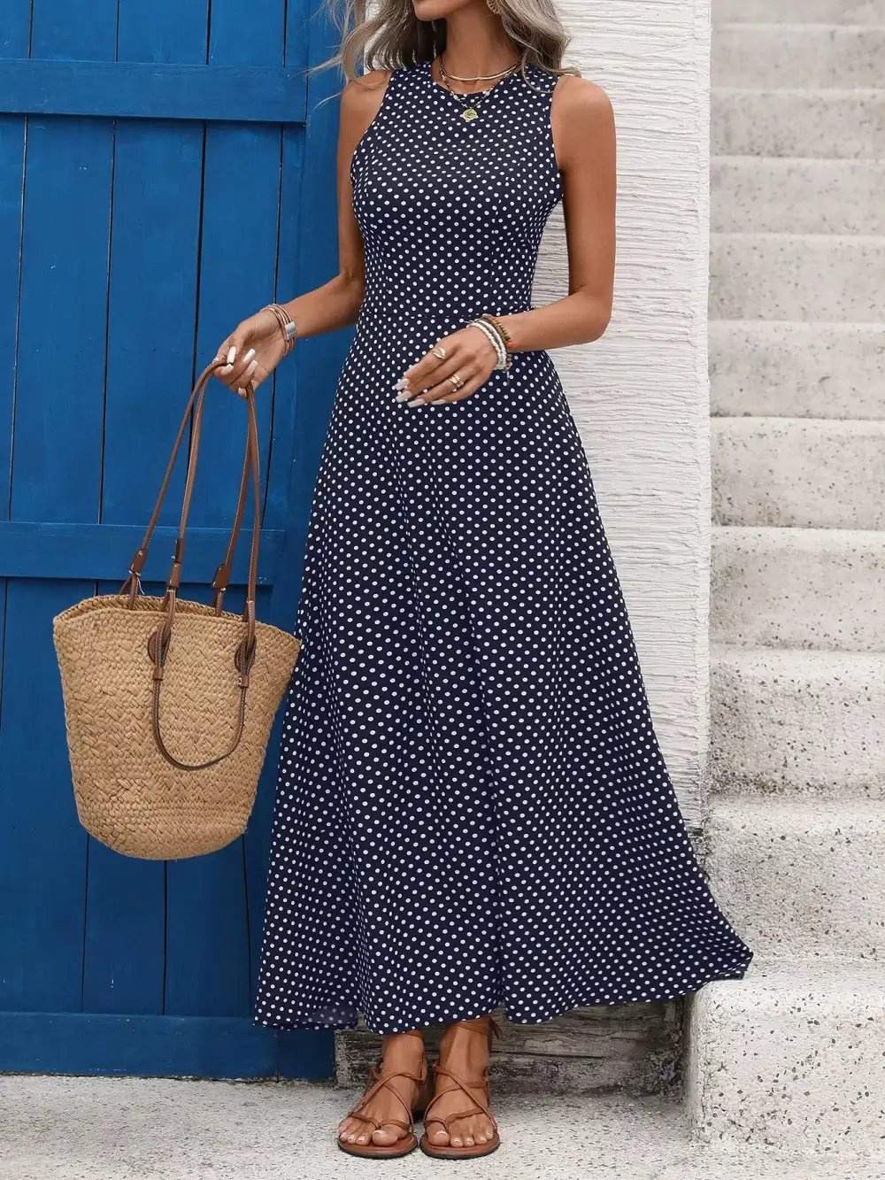 Polka Dot Sleeveless Maxi Dress