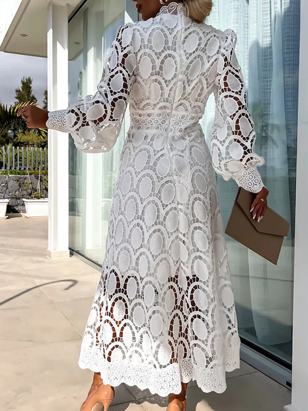 Boho Eyelet Mock-Neck Long-Sleeve Evening Maxi Dress