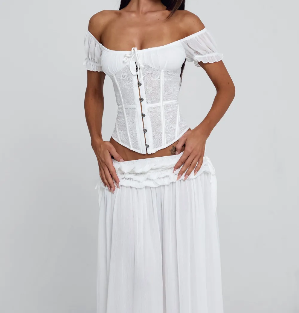 White Lace Trim Puff Sleeve Corset Top