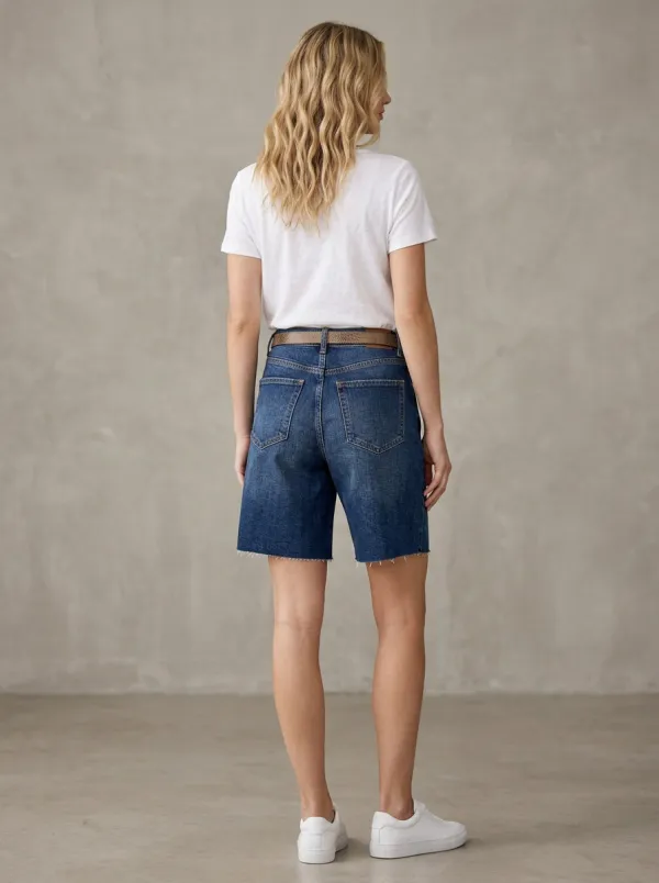Women's High-Rise Distressed Raw Hem Denim Bermuda Shorts