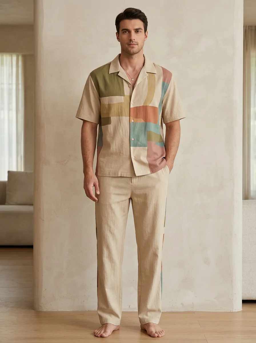 Men's Abstract Geometric Colorblock Printed Casual Set