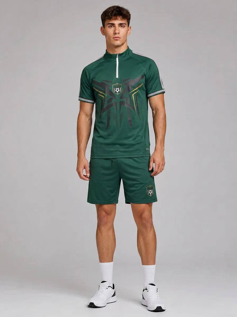 Men's Football Sports Geometric Graphic Printed Short Sleeve Zip Polo Shorts Set