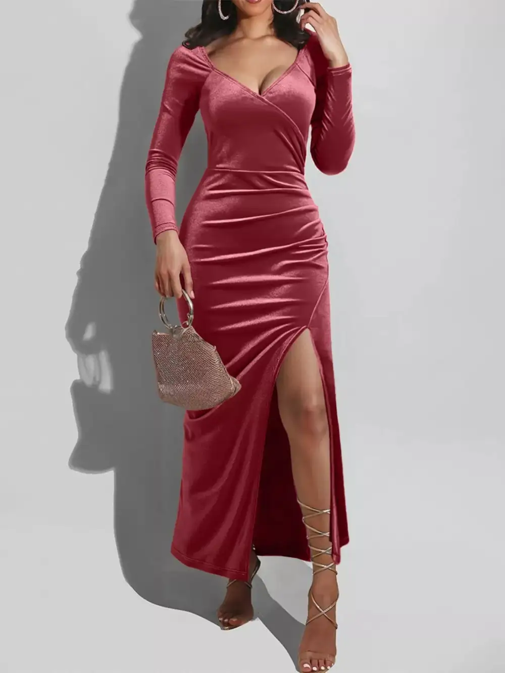 Balanced Detail Wrap Slit Long Sleeve Midi Dress