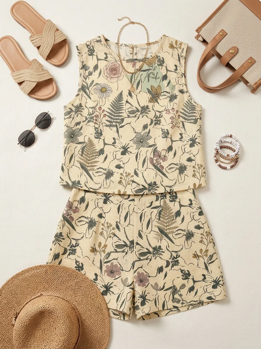 Women's Botanical Floral Fern Printed Sleeveless Short Set