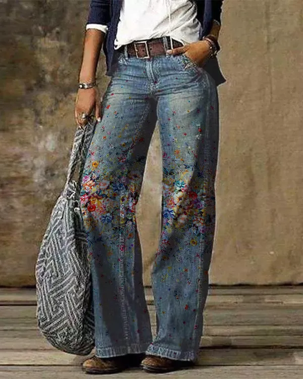 Casual Vintage Floral Printed Pants