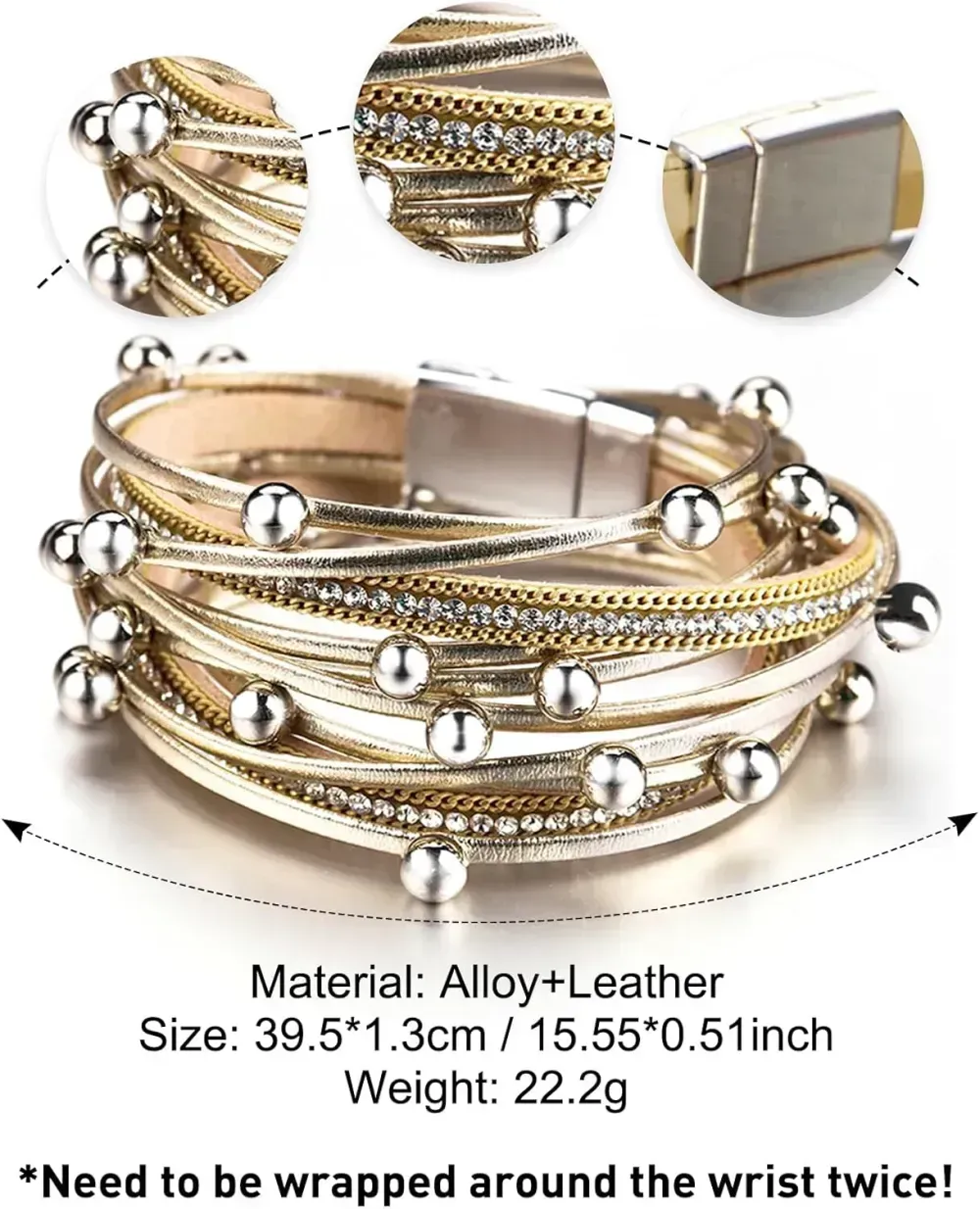 Fesciory Leather Wrap Bracelets for Women, Boho Leopard Multi-Layer Crystal Beads Cuff Bracelet Jewelry
