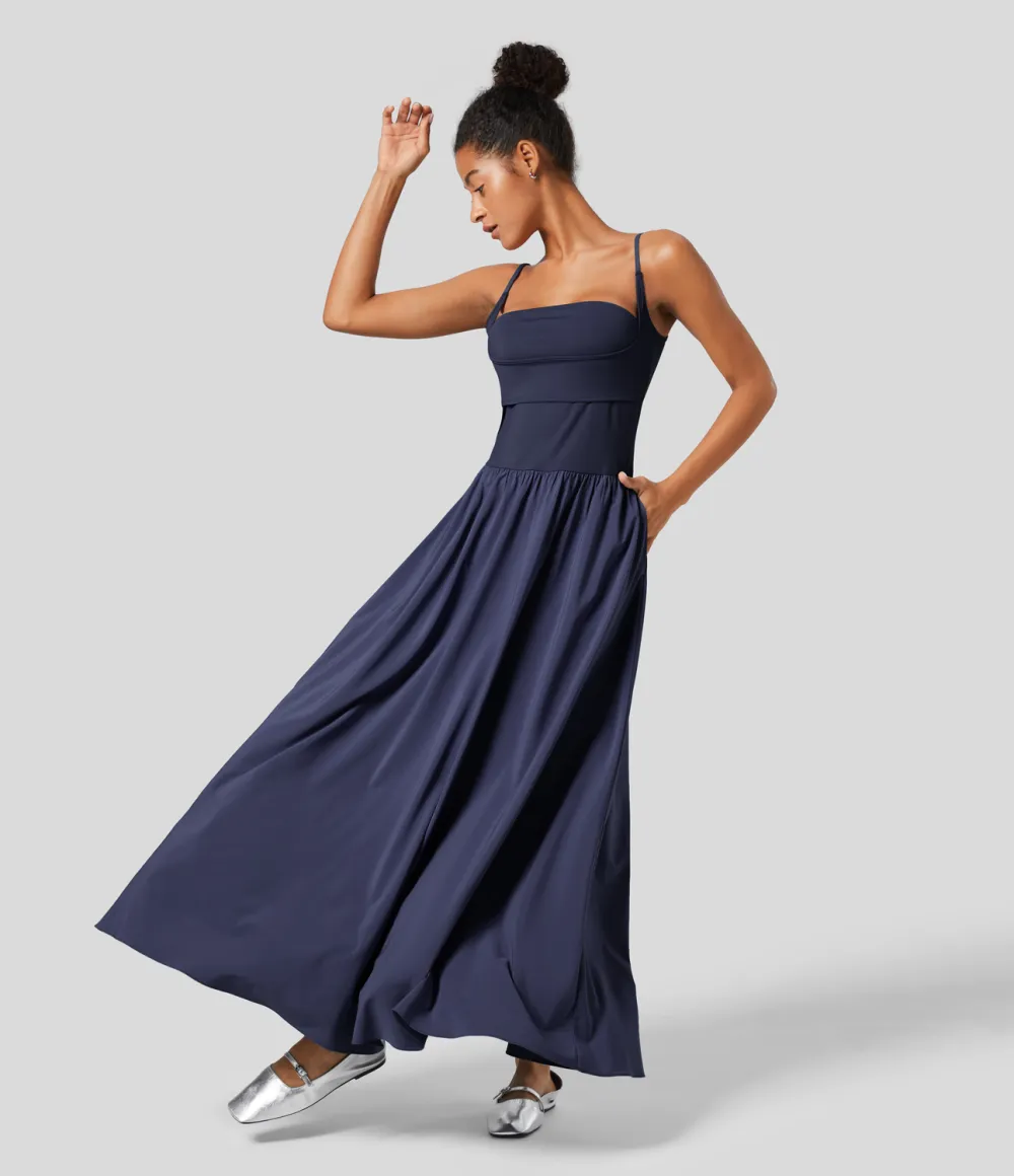 Breezeful Backless Side Pocket Plicated Flowy Flare Maxi Quick Dry Casual Slip Dress