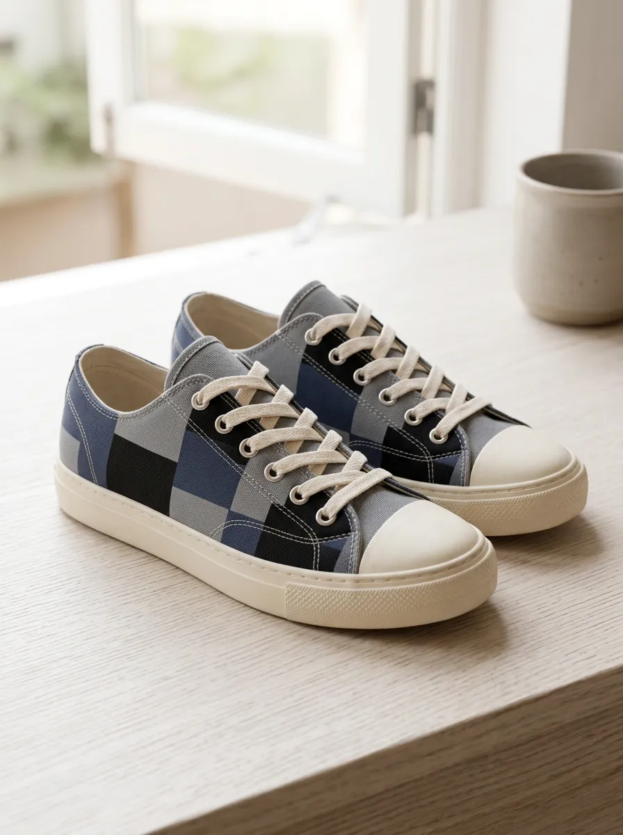 Men's Blue Grey Checkered Pattern Printed Canvas Shoes
