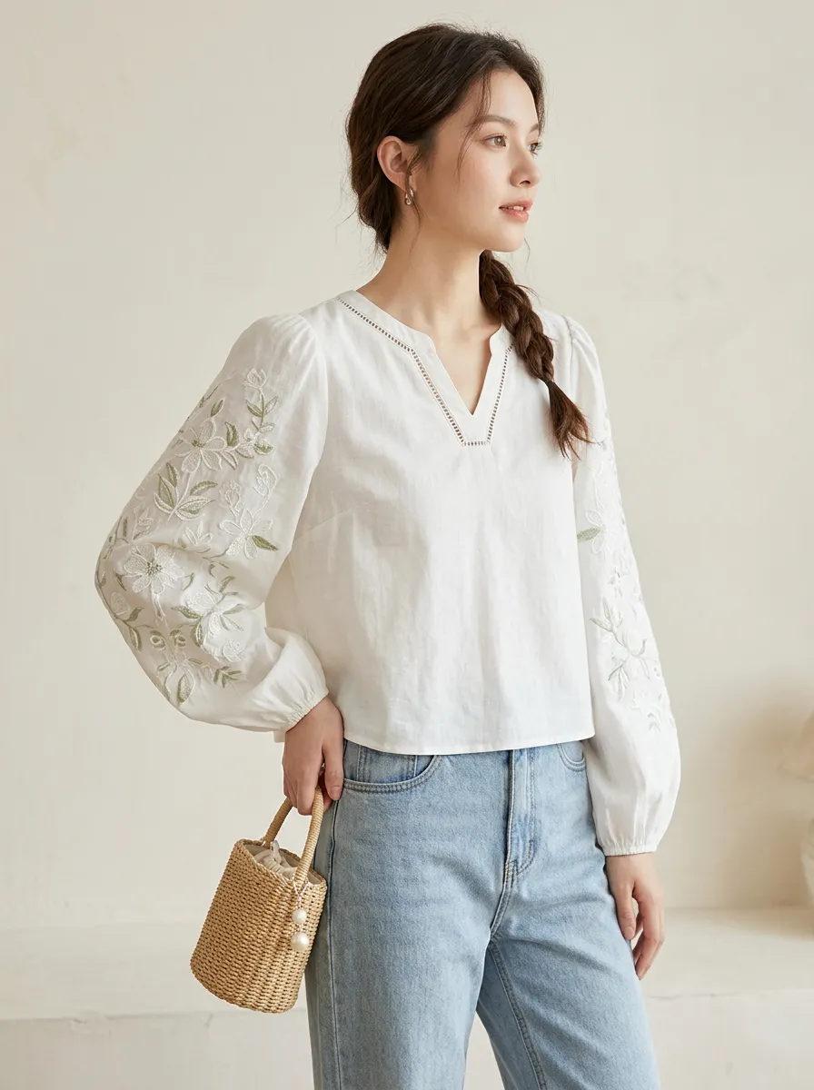 Embroidered Button-Front V-Neck Women's Puff-Sleeve Blouse