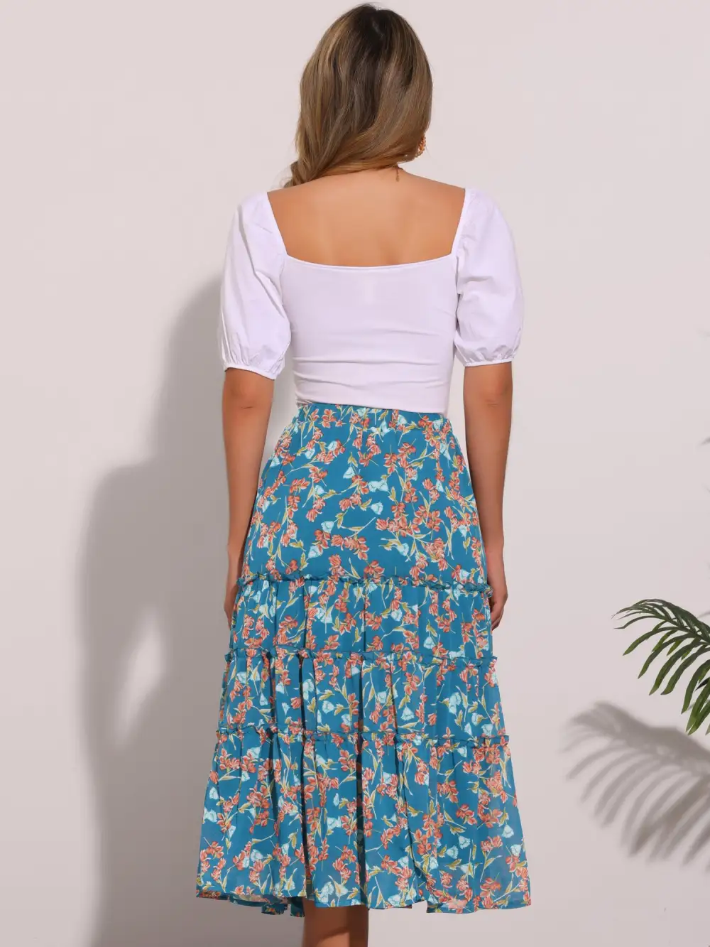 Chiffon Floral-Print Long Tiered Ruffle Boho Midi Skirt