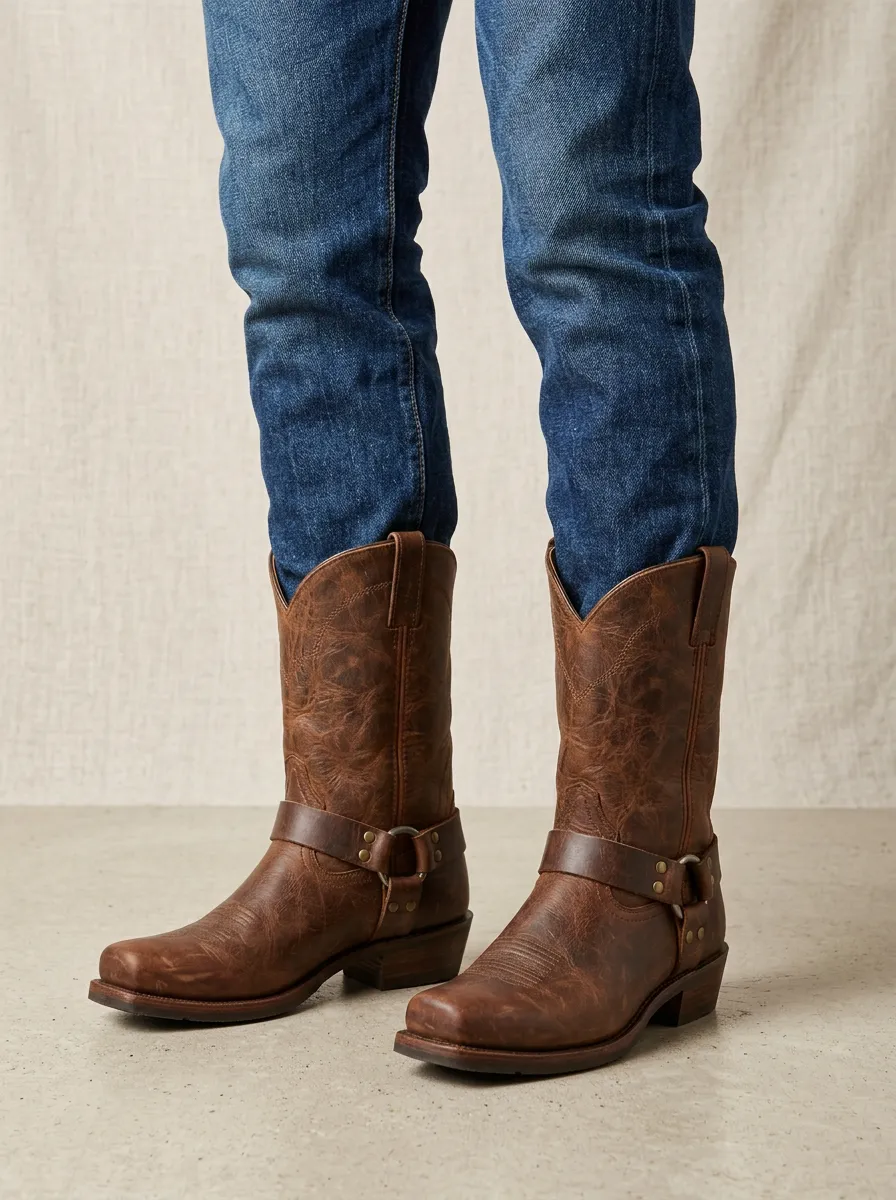 Men's Rodeo Western Brown Leather Harness Printed Boots