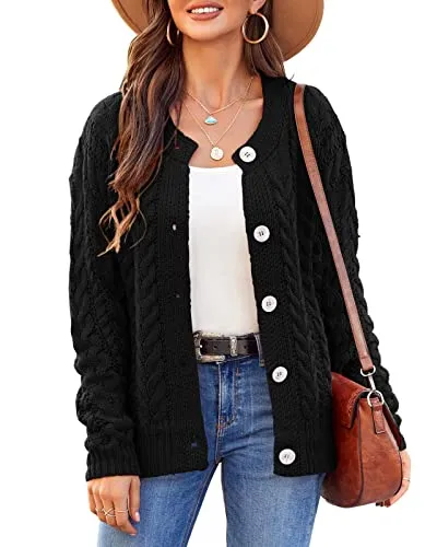 Women Loose Long Sleeve Crewneck Cable Knit Sweater Open Front Button Down Cardigan Soft Chunky Rid Outwear Coat