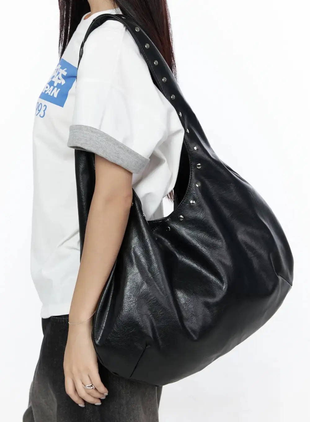 Studded Faux Leather Hobo Bag