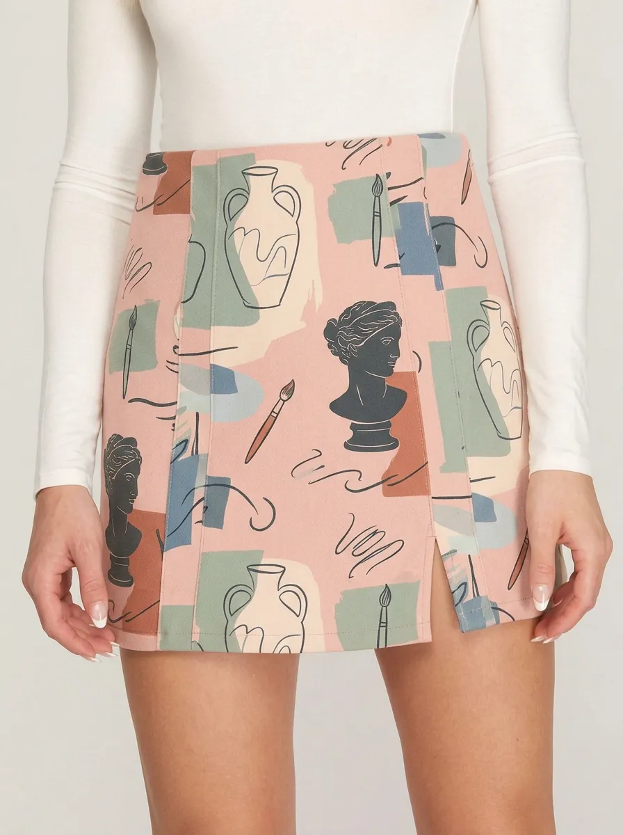 Women's Greek Art Lover Statue Vase Brush Printed Skirt