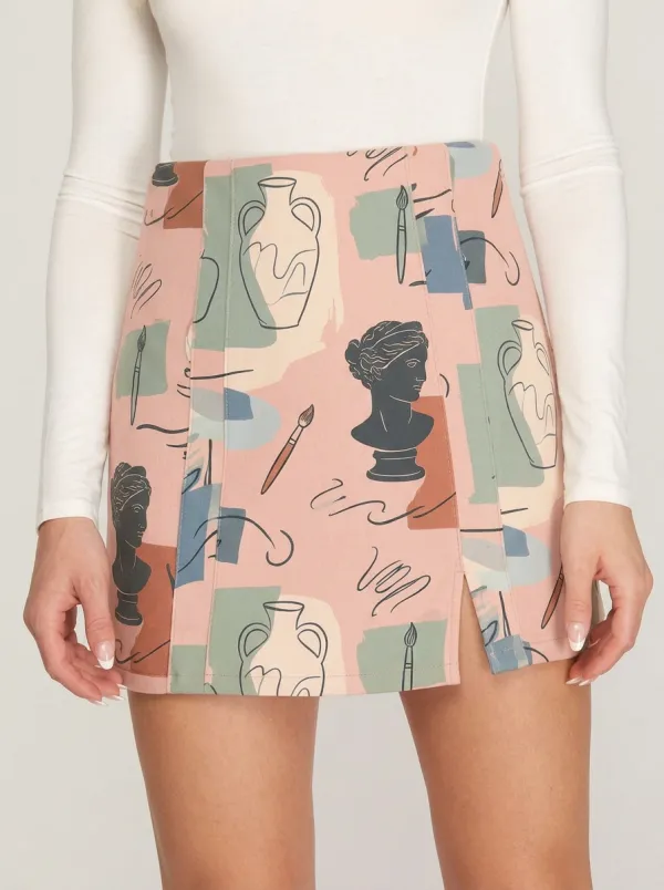 Women's Greek Art Lover Statue Vase Brush Printed Skirt