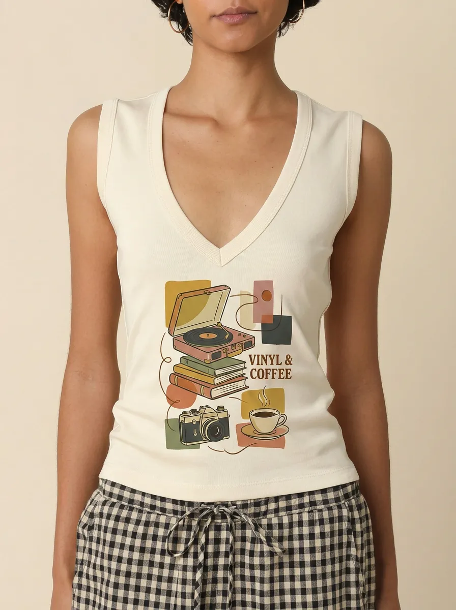 Women's Vinyl Coffee Camera Book Lover Printed Tank Top