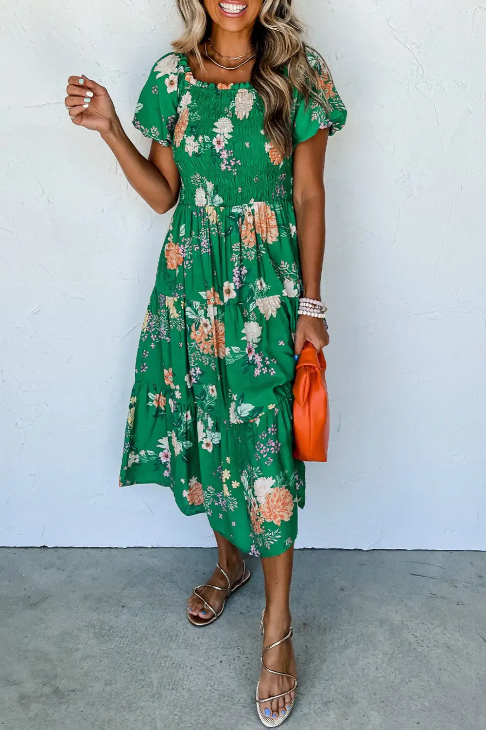 Floral Sleeve Tiered Midi Dress