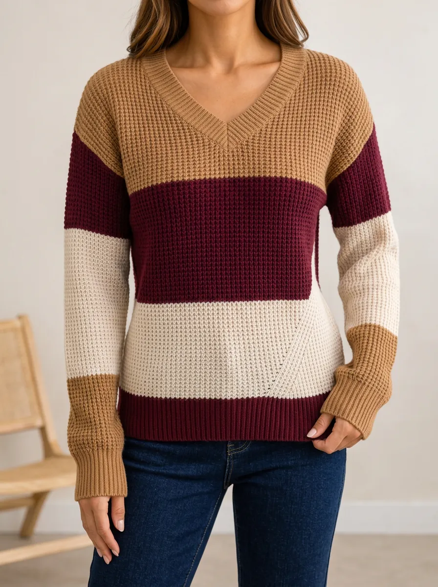 Waffle Knit V Neck Pullover with Colorblock Contrast