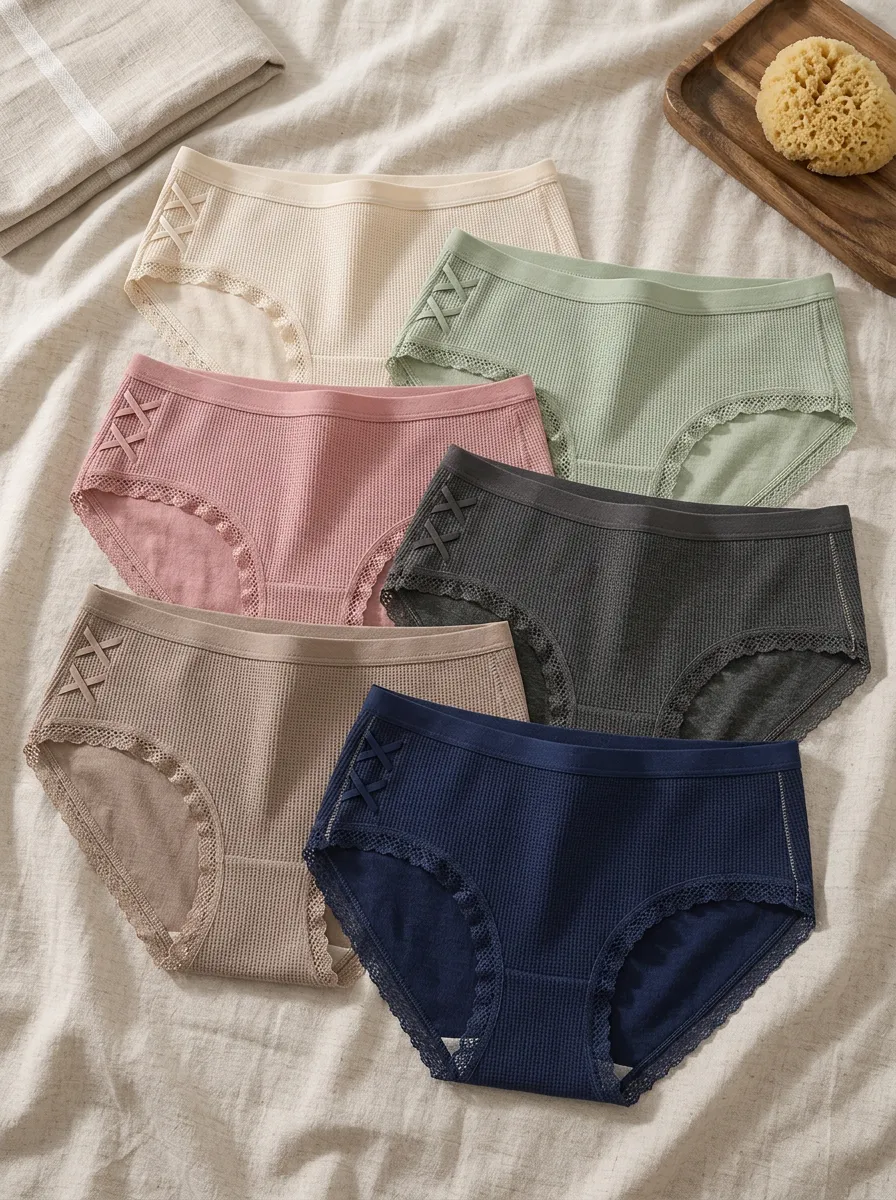 Women's Waffle Knit Crisscross Side Lace Trim Panties Set